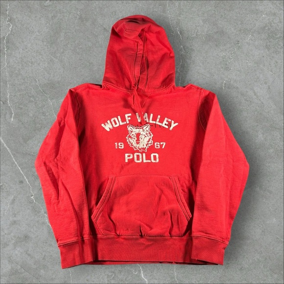 Polo By Ralph Lauren Hoodie Mens Medium Red Wolf Valley Fleece Flock Pullover - Picture 1 of 9
